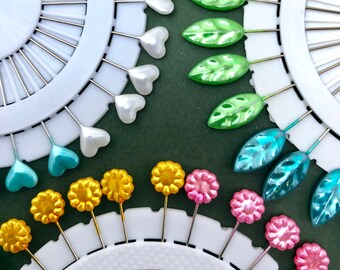 Pearl Head Pinwheels - Heart Pin Head - Leaf Pin Head - Flower Pin Head - Extra Long Pins - 55mm - 30 Pins - Gift for Sewers - Bright Pins