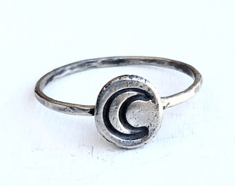 Sterling Silver Hand Stamped Moon Ring - Recycled - Ethical Silver- Rustic - Magic - Hammered Silver - Gothic - Stacking Ring