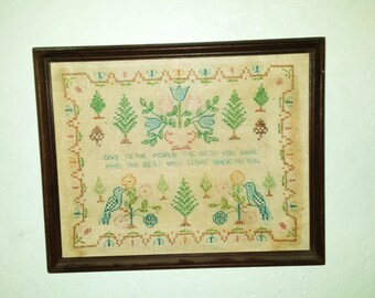 Cross Stitch, Vintage Framed Needlework, Motto, Embroidery Sampler
