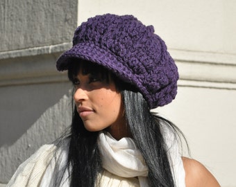 Women's Crochet Hat - Dark Aubergine Purple Newsboy Hat with Brim - Winter Accessories - Women's Accessories Purple Hat