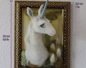 Unicorn in picture frame-needle felted wool-inspired by the film The Last Unicorn-mobile-fantasy from the Magic Forest