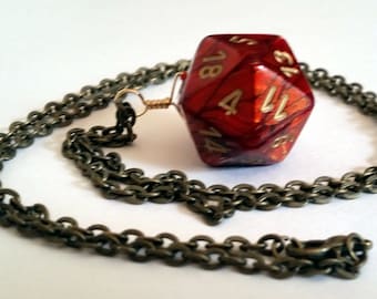 Red Dice Necklace - Red Gold Swirl D20 Twenty Sided Dice Jewelry - Geeky Gamer Jewelry - Dice Pendant