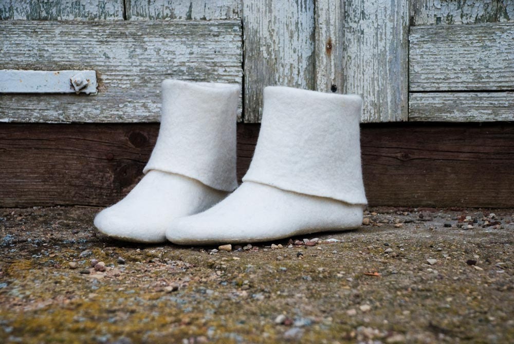 White wool ankle boots Felted boots for women Woolen boots