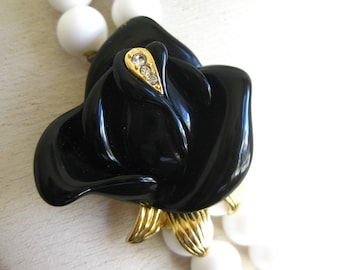 Vintage 80s KJL Kenneth Jay Lane for Avon Black Rose Double Strand White Beaded Designer Necklace