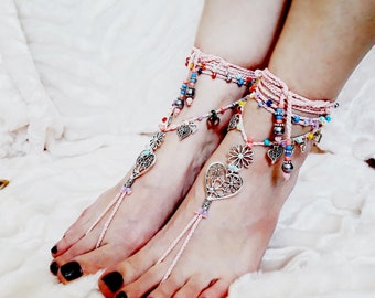 Barefoot sandals pink silver heart wedding bride beach foot jewelry beads gypsy shoes wrap around ankle bracelet with toe ring foot thong