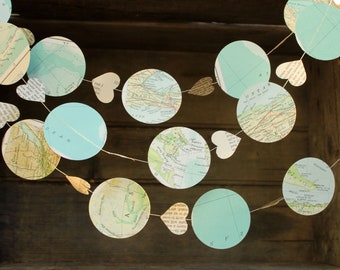 Map Garland, Travel Theme Decorations, Vintage Atlas Garland, Paper Garland, Bon Voyage Party, Hot Air Balloon Garland, 10 ft long