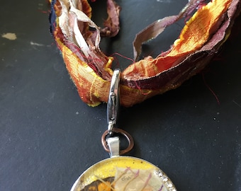 Golden Fiber Necklace w/Resin Butterfly Collage Pendant