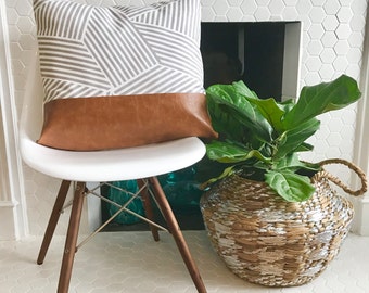 Grey Stripe and Leather Colorblock Throw Pillow