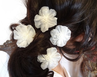Ivory Flower Wedding Hair Pins, Ivory Bridal Hair Pins, Hair Accessories, Organza Hair Pins, Bridesmaid Hair, Woodland - Set of 4