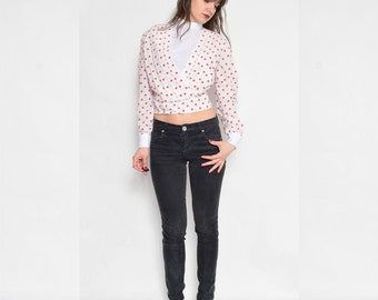 Vintage 80's Polka Dot Blouse / Long Sleeve Buttons At The Back Top / White Red polka Dot Top