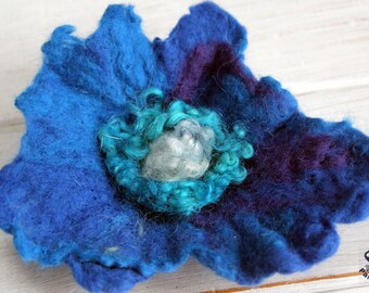 Needle felted beaded blue flower corsage/brooch