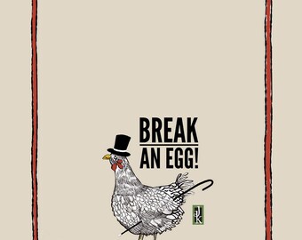 Kitchen Tea Towel with tap dancing chicken, tan with black, red and white, A Judy Kahooti Design