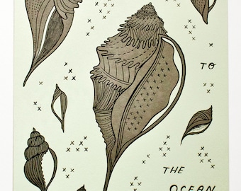 Letterpress wall art NAUTICAL LETTERPRESS POSTER print seashell illustration limited edition letterpress print - printmaking wall art print