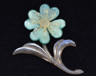 Vintage Flower Brooch in Light Blue and Clear Acrylic