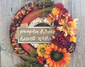 Autumn Floral Wreath, Fall Floral Wreath, Fall Front Door Wreath, Fall Fabric Wrapped Wreath, Thanksgiving Wreath, Front Door Floral Wreath