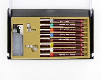 Vintage Rotring 2000 Isograph Technical Drawing Lettering Pen Set of 8 Pens / 0.18mm 0.25 mm 0.35 mm 0.50 mm 0.70 mm 1.0 mm 1.4 mm 2.0 mm