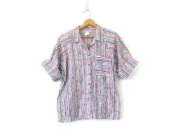 Striped Short Sleeve Shirt Retro 1980s Summer Button Down Collar Oxford Pocket Blouse Women's Plus Size 18