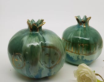 Handmade Ceramic Pomegranate, 2 Turquoise blue pomegranate, Ceramic pomegranates Judaica, decorated with gold, Rosh Hashana, GIFT, 1301