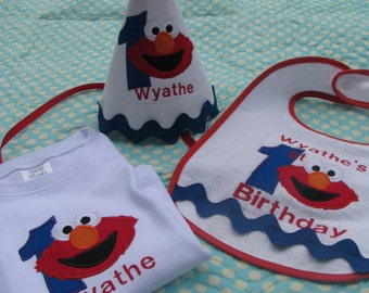 first birthday elmo hat, shirt and bib set free personalization, party hat, smash cake hat, birthday hat, elmo birthday