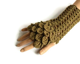 Khaki Dragon Scale Gloves, Army Green Gloves, Olive Green Fingerless Gloves, Bamboo Gloves, Lacy Look Gloves, Crochet Gloves, Gifts for Her
