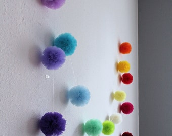 Baby Room Garland - Pom Pom Garland - Tulle Pom Pom - Window Garland - Baby Rainbow Garland - Nursery Decor - Nursery Garland