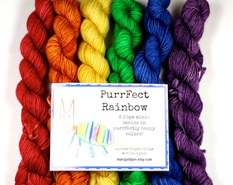 PurrFect Rainbow Mini Skein set--hand dyed sock yarn, merino and nylon, (463yds/100gm)