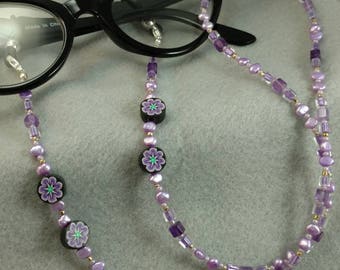 Lavender color reading glasses chain with Milifiore beads and pearls.