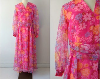 Vintage 1970s pink floral maxi dress size medium