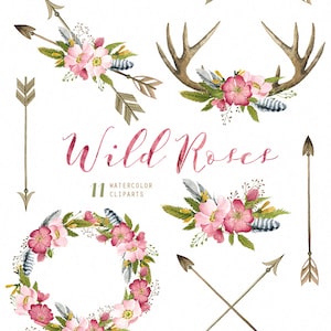 Wild Roses Watercolor Bouquets, Wreath, Antlers, Arrows hand painted clipart, floral wedding invite, greeting card, diy clip art, flowers