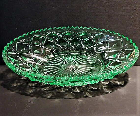Green Vaseline Depression Glass Celery / Relish / Imperial / Diamond / Block