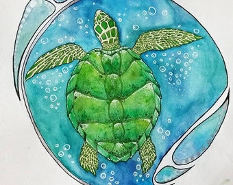 Green Turtle Watercolor Print