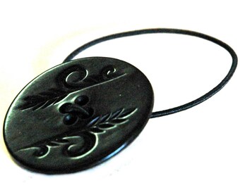 Large Round Plastic Decorative Ponytail Holder Flat Black with Engraved Design, made with Antique Button, Pretty Wheat Stem Design Motif