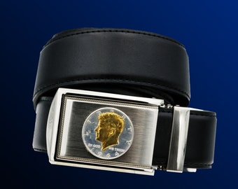 Ratchet buckle and belt with Kennedy 1/2 dollar coin. 90% silver, 24 karat gold plated.