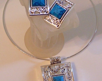 Vintage Turquoise Necklace And Earrings - Silver - Adjustable - Filigree - Matching Set - Large Pendant And Earrings - Abstract - Modern