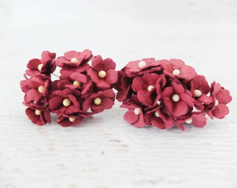 20 15mm burgundy mulberry paper mini hydrangea flowers - burgundy paper flowers