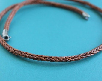 Square Braid Leather Cord Necklace, Sterling Silver Clasp, Natural Tan
