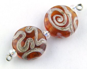 Round Silver Spirals on Amber Background Lampwork Glass Bead Pair by Chase Designs