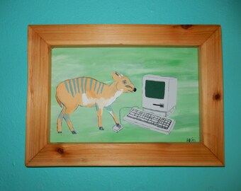Computing Deer- Outsider, folk art, handmade, original, acrylic on wood, Framed
