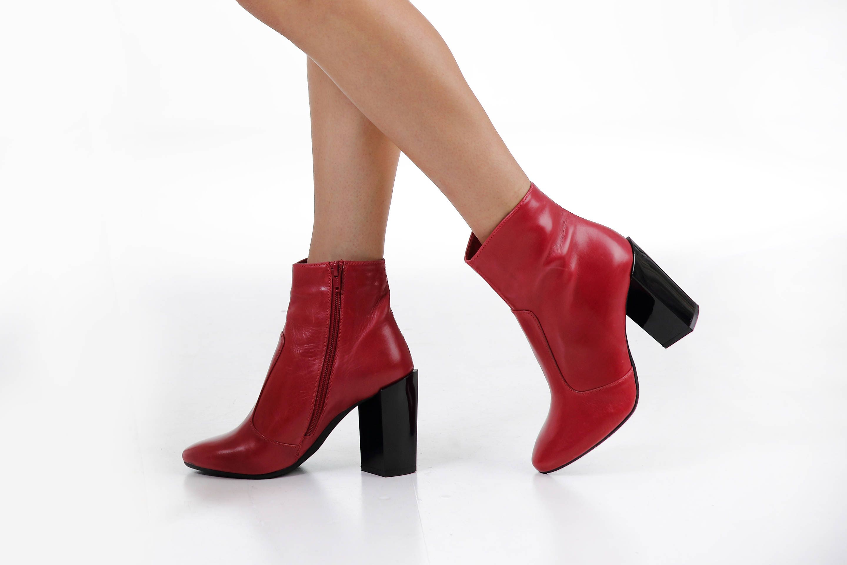 Elegant women's boots Red ankle boots Genuine leather
