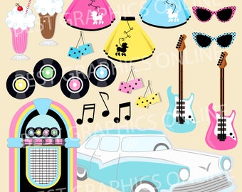 80% OFF SALE Instant download, 50's Retro Vintage clipart, Commercial use clip art, Retro party vector graphics, Digital clip art images GR1