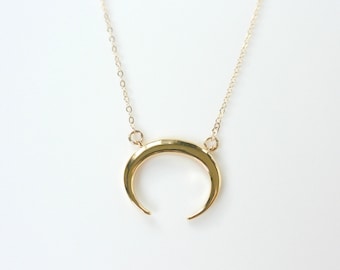 Gold Double Horn Necklace, Tusk Necklace, Crescent Moon Necklace, Layering Necklace, Gold Jewelry, Gifts for Her, Moon Necklace