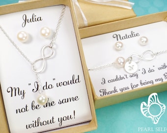 bridesmaid gift, infinity necklace, pearl necklace, bridesmaids necklace, infinity bracelet, bridesmaid bracelet, wedding jewelry