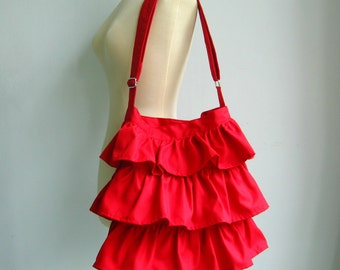 Sale - Red Cotton Twill Ruffle Bag, messenger bag, diaper bag, tote, handbag, shoulder bag, women