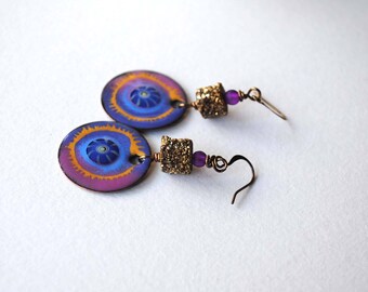 Sparkling Gold Earrings, Artisan Enamel Earrings, Boho Chic Earrings, Druzy Stone Earrings, Abstract Earrings, Purple Earrings, OOAK Jewelry
