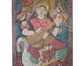Wall Art YOGA Meditation SPIRITUALITY Indian Doors Vintage Hand Carved WOOD Saraswati playing Veena on Swan Hindu Goddess of Knowledge