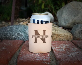 Genuine Leather Can Cooler, Personalized Beer Sleeve, Custom Can Insulator, Engraved Beverage Holder, Fathers Day Gift -- GLKZ-RAW-NELSON