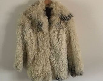 Vintage Cream Brown and Black Curly Mongolian Lamb Fur Coat
