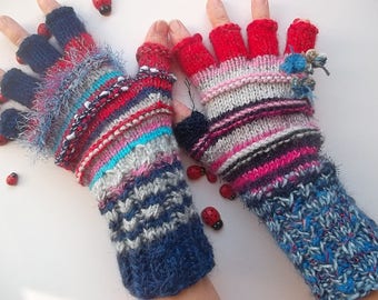 Women M 20% OFF Ready To Ship OOAK Half Fingers Wool Accessories Mittens Wrist Warmers Gloves Winter Hand Knitted Multicolor Striped Arm 21