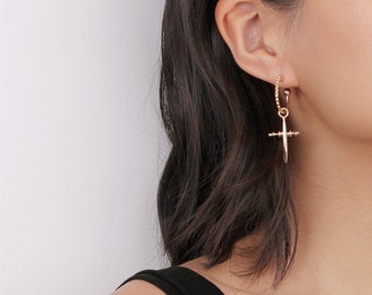 Gold/Silver Hoop Cross Earrings - Cross Dangle Earrings - Coachella Earrings - Two Ways Earrings