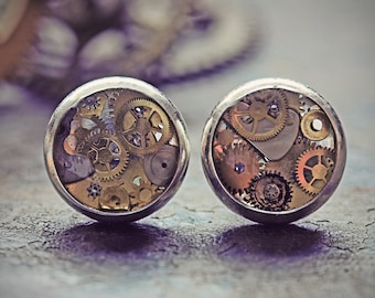 Steampunk Earrings Watch Part Studs Clockwork Jewelry Tiny Cogs Gears Silver Steam Punk Cyberpunk Clock UK Eco Friendly Resin